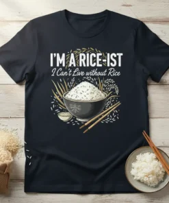 T-shirt with "I'M A RICE-IST I Can't Live without Rice" text and a bowl of rice graphic