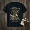 Christian t-shirt design with text "I'm A Simple Man I Like Guitar And Believe In Jesus" and a graphic of