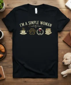 I'm a Simple Woman t-shirt design with icons for coffee, paw print, wine glass, and books