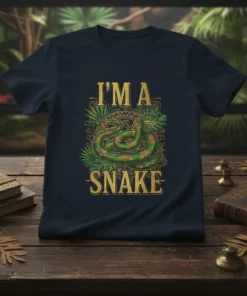 I'm A Snake t-shirt with a green coiled snake and jungle leaves, gold text graphic