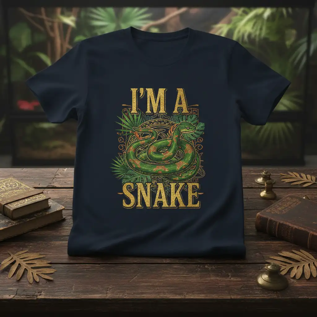 I'm A Snake text and coiled green snake illustration on a t-shirt design