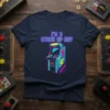I'm A Stand Up Guy text with a retro arcade machine graphic on a navy blue t-shirt