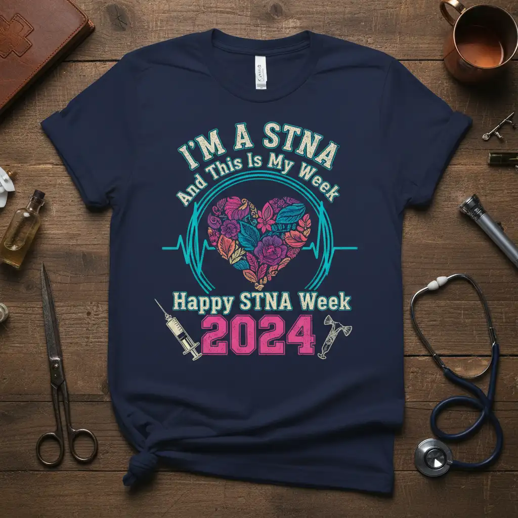 I'm A STNA And This Is My Week Happy STNA Week 2024 quote on a navy t-shirt with floral heart and medical