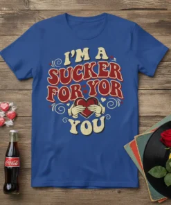 Blue t-shirt with red and cream retro text saying "I'M A SUCKER FOR YOR YOU" and hands holding a heart