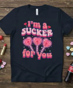 I'm a Sucker for You Valentine's Day t-shirt with retro heart lollipops and pink text