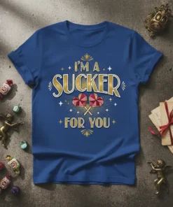 I'm a Sucker For You text with heart lollipops graphic on a blue t-shirt