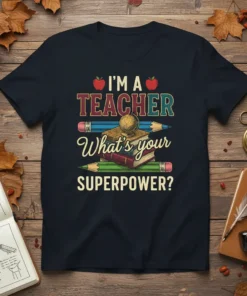 I'M A TEACHER What's your SUPERPOWER? quote on a navy t-shirt with apples, books, globe, and pencils graphic