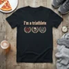 I'm a triathlete t-shirt design with pizza, beer, and sleeping icons surrounded by laurel wreaths