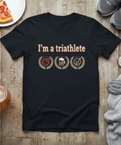 I'm a triathlete t-shirt design with pizza, beer, and sleeping icons surrounded by laurel wreaths