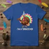 I'm A Turkeycorn t-shirt design featuring a cartoon turkey with a unicorn horn and rainbow tail feathers