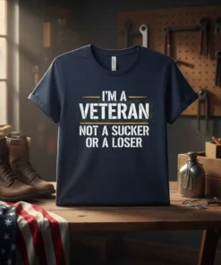 Navy t-shirt with white and gold text that reads "I'M A VETERAN NOT A SUCKER OR A LOSER"