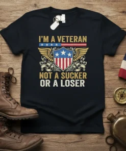 I'm A Veteran Not A Sucker Or A Loser text with American flag shield and wings graphic on a black
