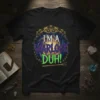 Black t-shirt with "I'M A WARLOCK DUH!" text and graphic design featuring ravens, cosmic background, and a magic wand