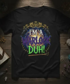Black t-shirt with "I'M A WARLOCK DUH!" text and graphic design featuring ravens, cosmic background, and a magic wand