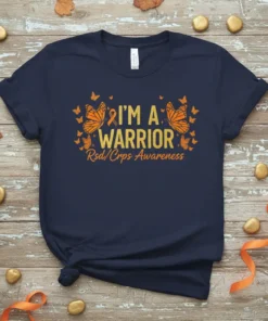 Navy blue t-shirt with "I'm A Warrior RSD/CRPS Awareness" text, orange ribbon, and monarch butterflies