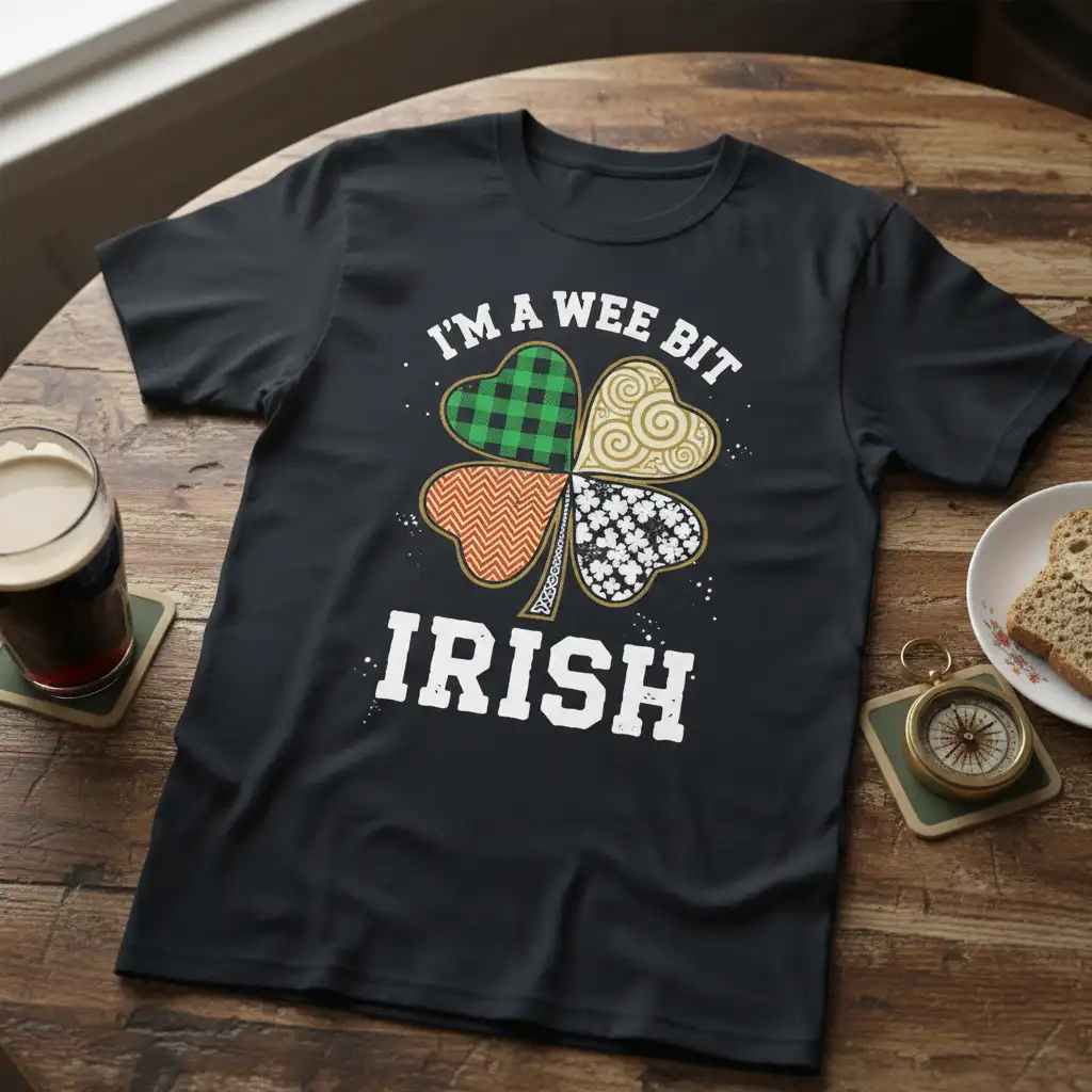 I'm A Wee Bit Irish text and clover design on a black t-shirt, festive for St. Patrick's Day