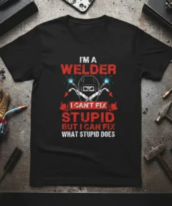 Black t-shirt with red and white text: "I'm a Welder I Can't Fix Stupid But I Can Fix What Stupid