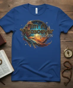 I'm A Whosoever John 3:16 Christian T-Shirt with a celestial and fiery design, symbolizing faith and hope