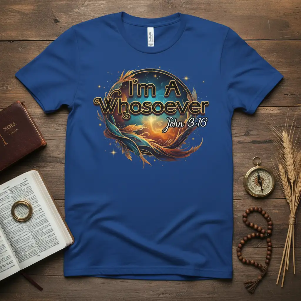 I'm A Whosoever John 3:16 Bible verse quote on a celestial-themed Christian t-shirt design