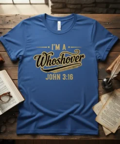 Blue t-shirt with gold and black text "I'M A Whosoever JOHN 3:16" quote, referencing John 3:16 scripture