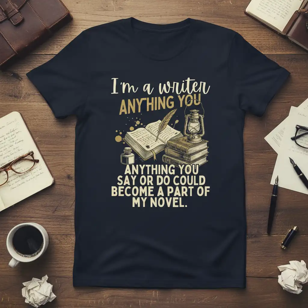 I'm a writer ANYTHING YOU SAY OR DO COULD BECOME A PART OF MY NOVEL quote on a navy t-shirt with vintage