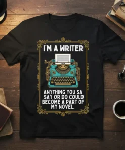 T-shirt with "I'M A WRITER ANYTHING YOU SA SAY OR DO COULD BECOME A PART OF MY NOVEL." text and