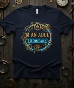 I'M AN ADULT TECHNICALLY quote on a navy t-shirt with steampunk gear graphics and neon blue accents
