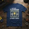 Navy blue t-shirt with "I'm An Electrician Of Course I Conduit" text and a graphic of pipes and a lightbulb