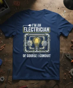 Navy blue t-shirt with "I'm An Electrician Of Course I Conduit" text and a graphic of pipes and a lightbulb