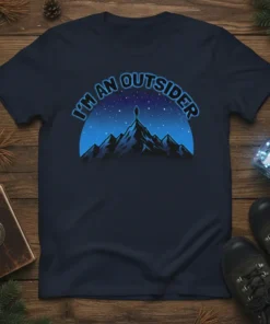 I'm An Outsider t-shirt with a silhouette of a person standing on a mountain peak under a starry night sky