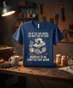 T-shirt with "I'm At The Age Where The Next Day My Body Whispers To Me Don't Do That Again" quote