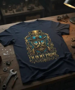 I'm In My Prime quote on a navy t-shirt with a steampunk inventor graphic featuring gears and goggles