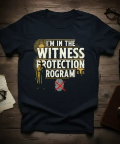 I'm In The Witness Protection Program text design with a silhouette of a detective and a crossed-out fingerprint