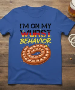 T-shirt with "I'M ON MY WURST BEHAVIOR" text and a coiled sausage graphic, featuring German flag colors