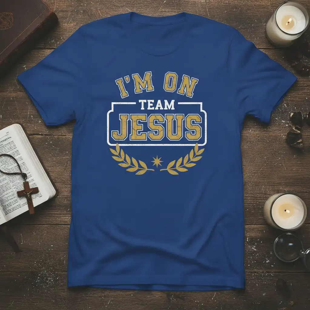 I'm On Team Jesus quote in bold gold lettering on a blue t-shirt design