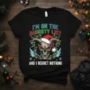 I'm On The Naughty List And I Regret Nothing funny Christmas skull t-shirt with Santa hat and lights