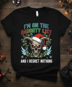 I'm On The Naughty List And I Regret Nothing funny Christmas skull t-shirt with Santa hat and lights