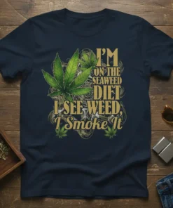 T-shirt with "I'm On The Seaweed Diet I See Weed, I Smoke It" text and marijuana leaf graphic