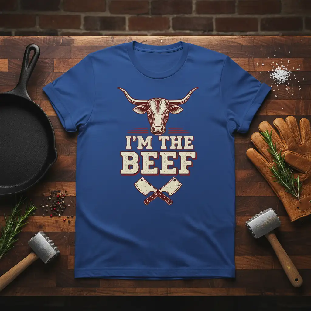 I'm The Beef quote on a blue t-shirt with bull head and butcher knife graphics