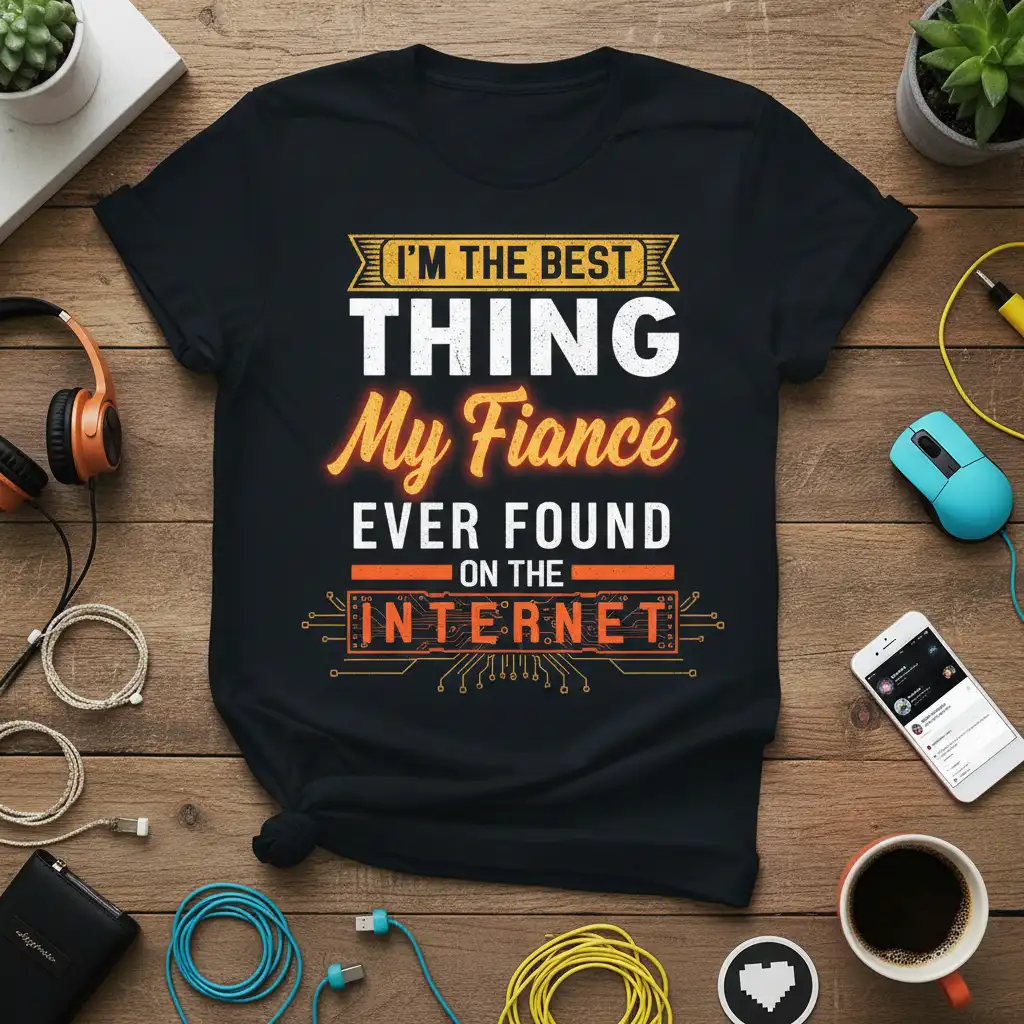 I'm The Best Thing My Fiancé Ever Found On The Internet quote on a black t-shirt with graphic circuit board elements