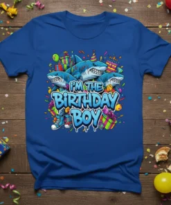 I'm The Birthday Boy text with cartoon sharks wearing party hats and surrounded by gifts, on a blue t-shirt