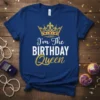 Blue t-shirt with "I'm The Birthday Queen" text and a gold crown graphic