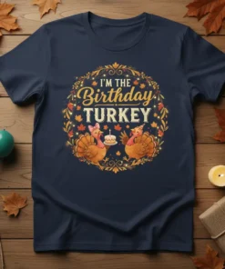 I'm The Birthday Turkey t-shirt design featuring two cartoon turkeys, birthday cake, and fall leaves in a circular wreath