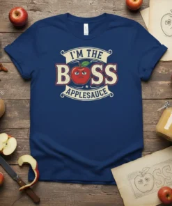 I'm the Boss Applesauce t-shirt design with a grumpy red apple character and distressed typography