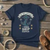 Navy blue t-shirt with "I'm The Captain I Make Ship Happen" text, anchor graphic, and compass rose design