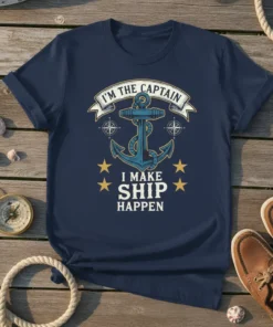 Navy blue t-shirt with "I'm The Captain I Make Ship Happen" text, anchor graphic, and compass rose design