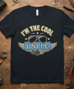 I'm The Cool Uncle text with sunglasses and wings graphic on a black t-shirt