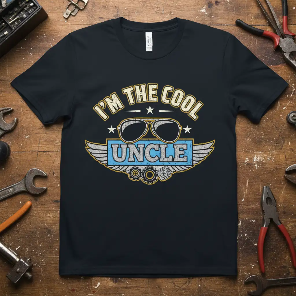 I'm The Cool Uncle text design with retro sunglasses and wings graphic on black tee