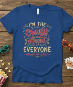 T-shirt with the quote "I'm the Crazy Aunt Everyone Warned You About" in a decorative font. Features glittery red and