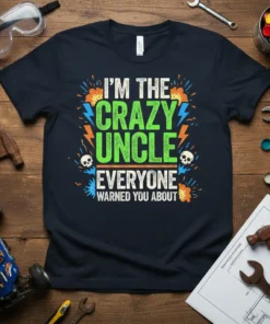 I'm The Crazy Uncle Everyone Warned You About text in bold green and white, with lightning and explosion graphics